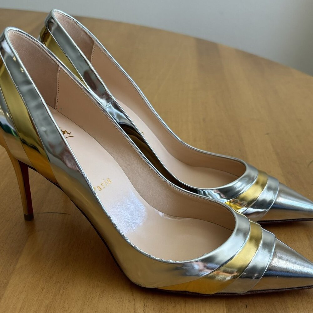 Christian Louboutin Eklectica 85 Gold Silver Specchio Patent Heel Pump